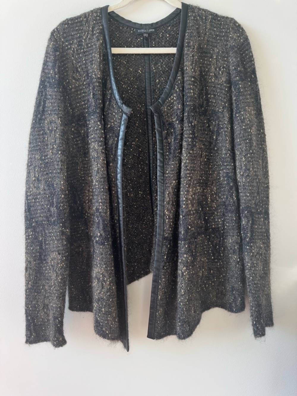 Eileen Fisher Black Knit Open Front Cardigan Wool MoHair Italian Yarn Sz PM